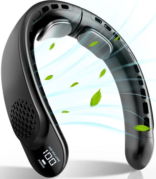 Rechargeable Neck Fan, Personal Fan - LED Display, 3 Speeds, 4000Mah Battery, USB-C, Portable & Quiet for Men/Women Travel & Outdoor - Black