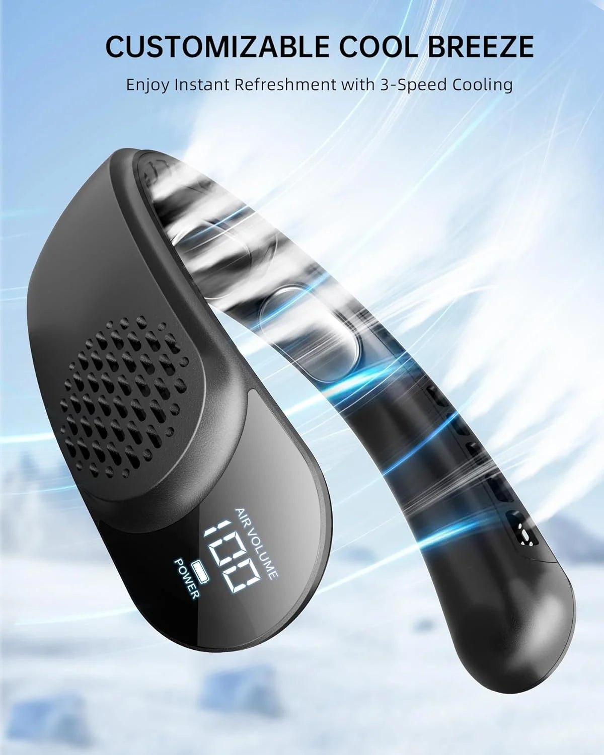 Rechargeable Neck Fan, Personal Fan - LED Display, 3 Speeds, 4000Mah Battery, USB-C, Portable & Quiet for Men/Women Travel & Outdoor - Black